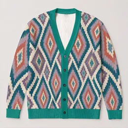 Geometric Diamond Teal and Mauve Layering Style for Everyday Casual Women's Wear All-over Print Knitted Cardigan