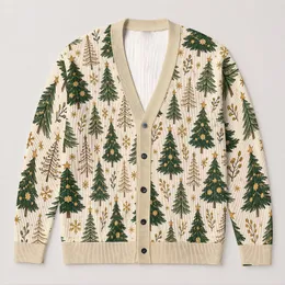 Evergreen Tree Holiday Motif For Cozy Winter Layering, Women's Festive Everyday Style All-over Print Knitted Cardigan