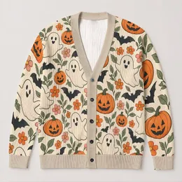 Pumpkins, Bats, and Friendly Ghosts for Cozy Halloween Layering for Women and Girls All-over Print Knitted Cardigan