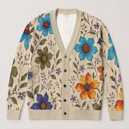 Colorful Crochet Flower Blossoms for Cozy Everyday Layering, Weekend Style, Women All-over Print Knitted Cardigan