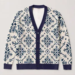 Navy Snowflake Geometric Motifs For Cozy Winter Layering And Nordic Style All-over Print Knitted Cardigan