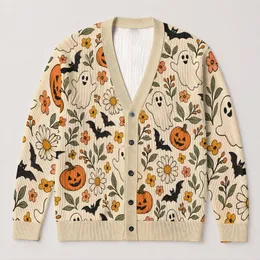 Women's Halloween Bats Pumpkins Ghosts Floral Autumn Layering Style for Fall Gatherings All-over Print Knitted Cardigan