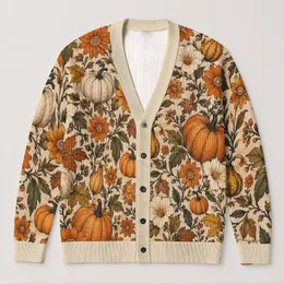 Pumpkins and Wildflowers for Cozy Autumn Layering, Women's Rustic Seasonal Wardrobe Style All-over Print Knitted Cardigan
