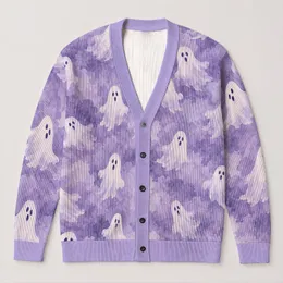 Lavender Ghosts for Cozy Halloween Layers and Casual Fall Outings for Women and Fans All-over Print Knitted Cardigan