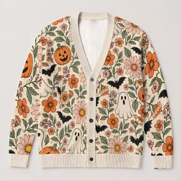 Pumpkin Ghosts, Bats And Wildflowers For Cozy Halloween Layering And Autumn Outings All-over Print Knitted Cardigan