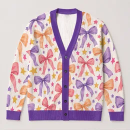 Colorful Bow And Star Motif For Casual Vacation Looks For Stylish Plus Size Women All-over Print Knitted Cardigan