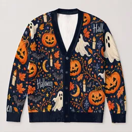 Halloween Pumpkins and Ghosts for Cozy Autumn Parties and Everyday Layering for Women All-over Print Knitted Cardigan