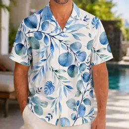Indigo Watercolor Eucalyptus Branches for Coastal Vacations and Resort Weekends Men Hawaiian Shirt