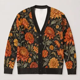 Autumn Orange Marigold Floral Everyday Layering For Women Plus Size Holiday Gatherings All-over Print Knitted Cardigan