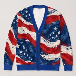 American Flag Stars and Stripes for Patriotic Summer Getaways and Casual Layering All-over Print Knitted Cardigan