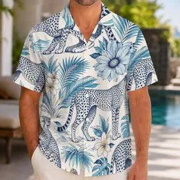 Blue Cheetah Jungle Florals for Beach Holidays, Resort Getaways, Travel, and Men Hawaiian Shirt