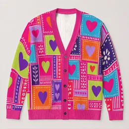 Colorful Heart Grid Motif for Beach Layering and Casual Date Style, Plus Size Women All-over Print Knitted Cardigan