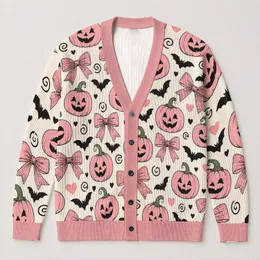 Pink Halloween Pumpkins and Bows for Festive Autumn Outfits for Women, Cute Spooky Style All-over Print Knitted Cardigan