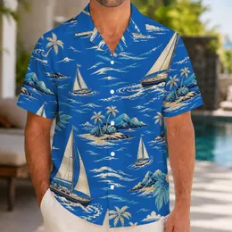 Sailboat Island Coastline Scene for Beach Vacations and Coastal Getaways for Men Hawaiian Shirt