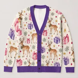 Watercolor Reindeer And Gift Boxes For Cozy Festive Layering At Holiday Gatherings All-over Print Knitted Cardigan