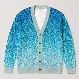 Blue Teal Watercolor Lace Waves for Beach Days and Relaxed Coastal Weekend Styling All-over Print Knitted Cardigan