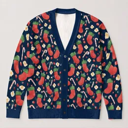 Christmas Stockings and Candy Canes Holiday Cheer for Women Festive Casual Layering All-over Print Knitted Cardigan