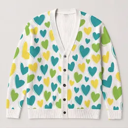 Teal Yellow Green Heart Motif For Cheerful Everyday Layering And Weekend Style Gift All-over Print Knitted Cardigan