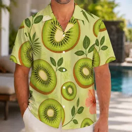 Kiwi Slice Tropical Fruit Motif for Resort Travel and Outdoor Leisure, Men’s Casual Style Hawaiian Shirt