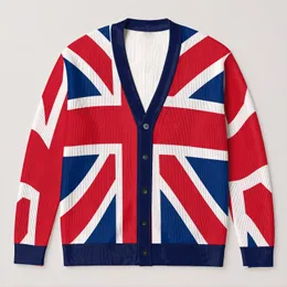 British Flag Inspired Red White Blue Cross Motif for Autumn Weekend Layering and Travel All-over Print Knitted Cardigan