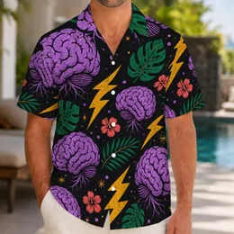 Purple Brain Lightning Bolt Tropical Vacation Style for Quirky Science Fans and Men Hawaiian Shirt