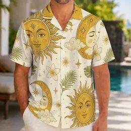 Golden Sun and Crescent Moon Motifs for Beach Vacations and Everyday Menswear Hawaiian Shirt