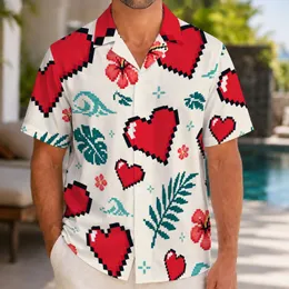 Red Pixel Heart Aloha Motif For Valentine Celebrations And Relaxed Summer Island Style Hawaiian Shirt