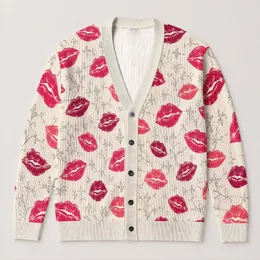 Pink Red Lip Motifs for Date Nights, Beach Getaways, and Romantic Summer Style for Women All-over Print Knitted Cardigan