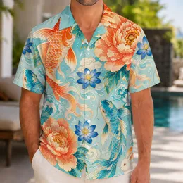 Koi Fish, Peonies and Ocean Waves for Beach Vacations and Island Getaways for Men Hawaiian Shirt