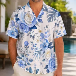Blue Botanical Roses for Seaside Holidays and Resort Escapes, Vacation Wear for Men Hawaiian Shirt