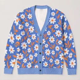 Blue Daisy And Orange Leaf Florals For Relaxed Everyday Autumn Layering For Women’s Style All-over Print Knitted Cardigan