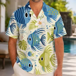 Playful Blue Fish And Tropical Foliage For Beach Getaways And Island Weekends For Men Hawaiian Shirt