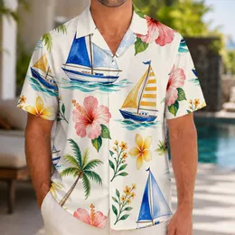 Watercolor Sailboats Palm Blossoms For Coastal Vacations And Relaxed Resort Days Hawaiian Shirt
