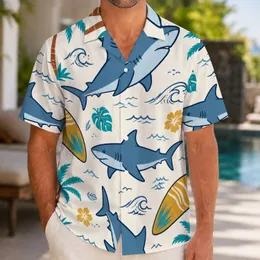 Shark Surfboard Palm Island Vibes for Beach Holidays and Everyday Coastal Weekend Style Hawaiian Shirt