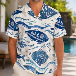 Retro Blue Fish Ocean Motifs for Beach Vacations, Cruises, and Summer Getaways for Men Hawaiian Shirt
