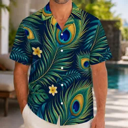 Peacock Feather and Tropical Frond Motif for Resort Getaways and Summer Beach Style Hawaiian Shirt
