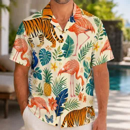 Tropical Flamingos, Tigers and Parrots for Resort Vacations and Beach Getaways for Men Hawaiian Shirt
