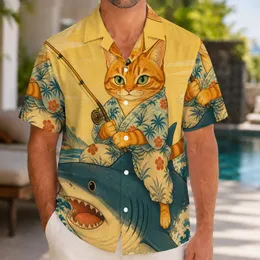 Orange Cat Fisherman Shark Adventure For Beach Vacations And Summer Days For Men Hawaiian Shirt
