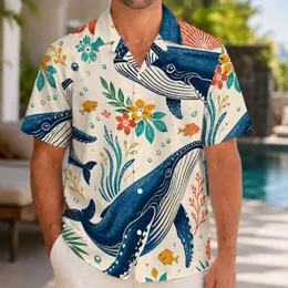 Retro Blue Whale Floral Ocean Scene for Beach Vacations and Summer Getaways for Men Hawaiian Shirt