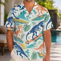 Dinosaur Surfboard Tropical Beach Adventure For Men Summer Vacation Getaway Gift Hawaiian Shirt