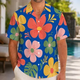 Abstract Tropical Flowers in Blue and Coral for Beach Vacations, Resort Days, Men Hawaiian Shirt