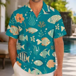 Geometric White Tropical Fish for Beach Holidays and Island Getaways, Men's Summer Style Hawaiian Shirt