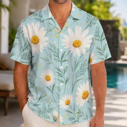 White Daisy Meadow with Golden Centers for Sunny Resort Getaways and Everyday Men Hawaiian Shirt
