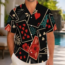 Red Black Playing Cards And Tropical Foliage For Beach Holidays, Men's Resort Style Hawaiian Shirt