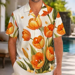 Orange Tulip Bouquet for Beach Vacations and Garden Parties, Men's Summer Casual Gift Hawaiian Shirt