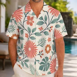 Coral Sunburst Flowers and Sage Leaves for Resort Getaways and Island Weekends for Him Hawaiian Shirt