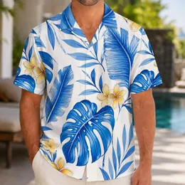 Blue Tropical Palm Leaves and Golden Plumeria for Beach Vacation Style Men Summer Hawaiian Shirt