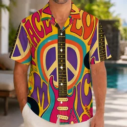 Retro Peace Love Music Guitar Vibes for Beach Vacations and Summer Festival Style Hawaiian Shirt