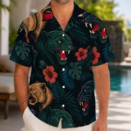 Midnight Panther Heads with Tropical Foliage for Beach Vacations and Resort Style Hawaiian Shirt