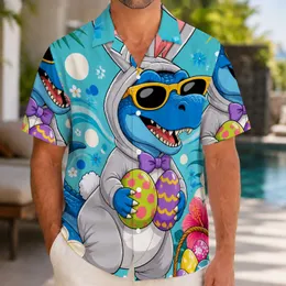 Blue Dinosaur Bunny with Sunglasses and Colorful Easter Eggs for Beach Vacations, Men Hawaiian Shirt
